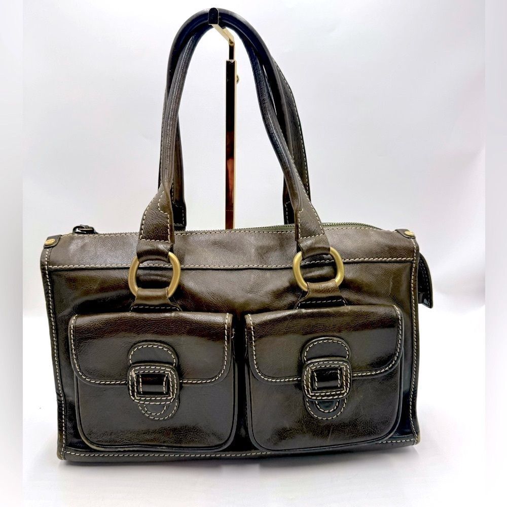 Auth Celine Vintage Olive Green Polished Leather Tote Bag Purse Handbag Preloved